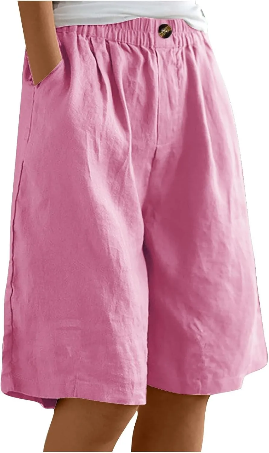 Womens Casual Bermuda Shorts Cotton Linen Elastic Waist Wide Leg Shorts Knee Length Summer Shorts with Pockets