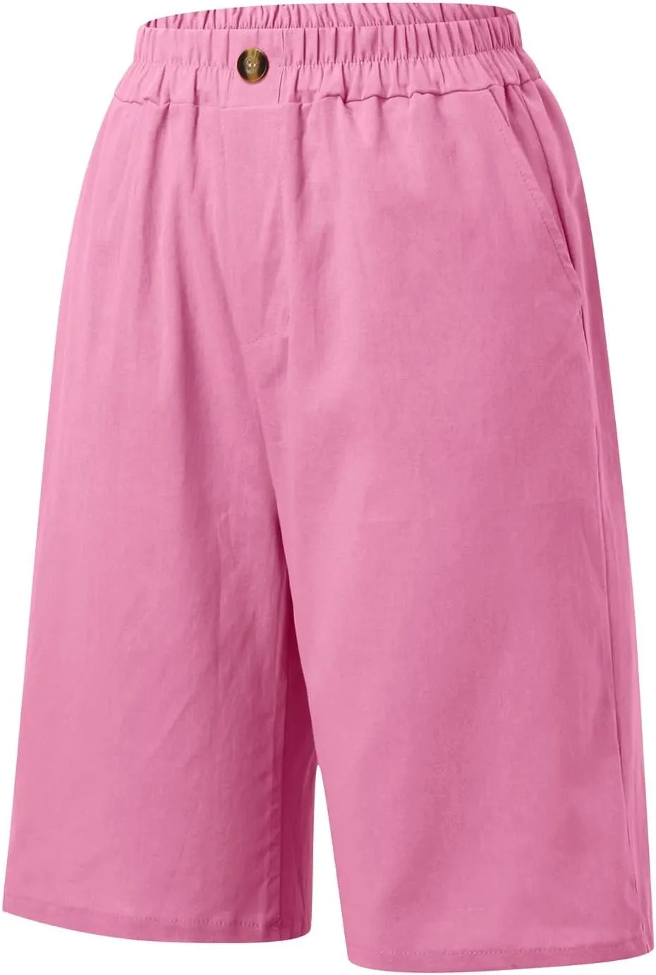 Womens Casual Bermuda Shorts Cotton Linen Elastic Waist Wide Leg Shorts Knee Length Summer Shorts with Pockets