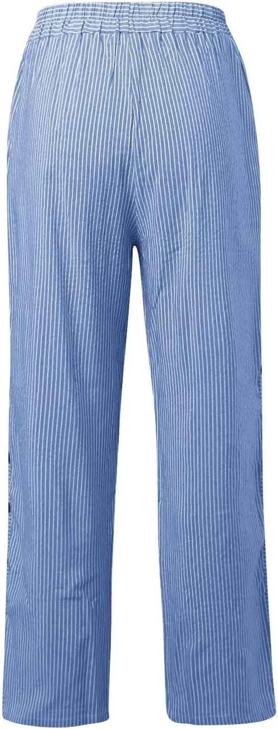 Womens Casual Linen High Waist Pants Drawstring Loose Fit Summer Work Pants Trousers with Side Pockets