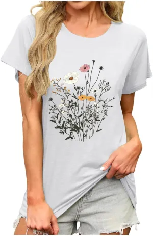 Womens Casual Tops Cap Sleeves Round Neck Loose fit Tunic Top T-Shirts Floral Graphic Comfy Spring Summer Tee Shirts