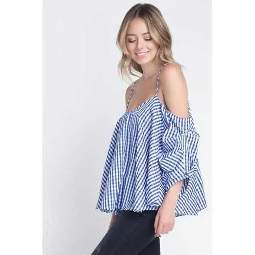 Women's Cold Shoulder Checkered Top