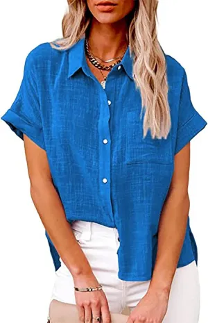 Womens Cotton Linen Button Down Shirts Summer Short Sleeve Blouses V Neck Collared Beach Casual Tops with Pocket