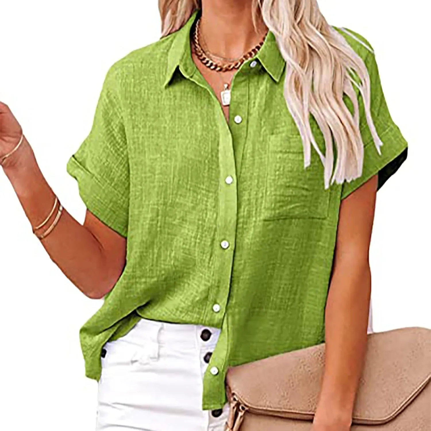 Womens Cotton Linen Button Down Shirts Summer Short Sleeve Blouses V Neck Collared Beach Casual Tops with Pocket