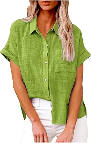 Womens Cotton Linen Button Down Shirts Summer Short Sleeve Blouses V Neck Collared Beach Casual Tops with Pocket
