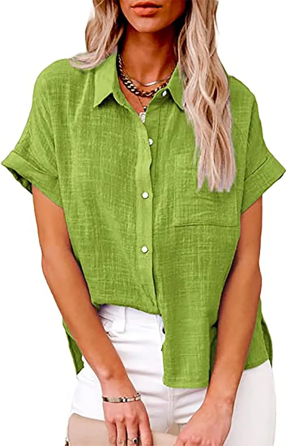 Womens Cotton Linen Button Down Shirts Summer Short Sleeve Blouses V Neck Collared Beach Casual Tops with Pocket