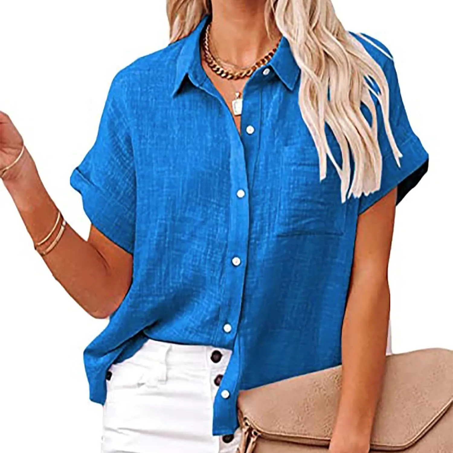 Womens Cotton Linen Button Down Shirts Summer Short Sleeve Blouses V Neck Collared Beach Casual Tops with Pocket