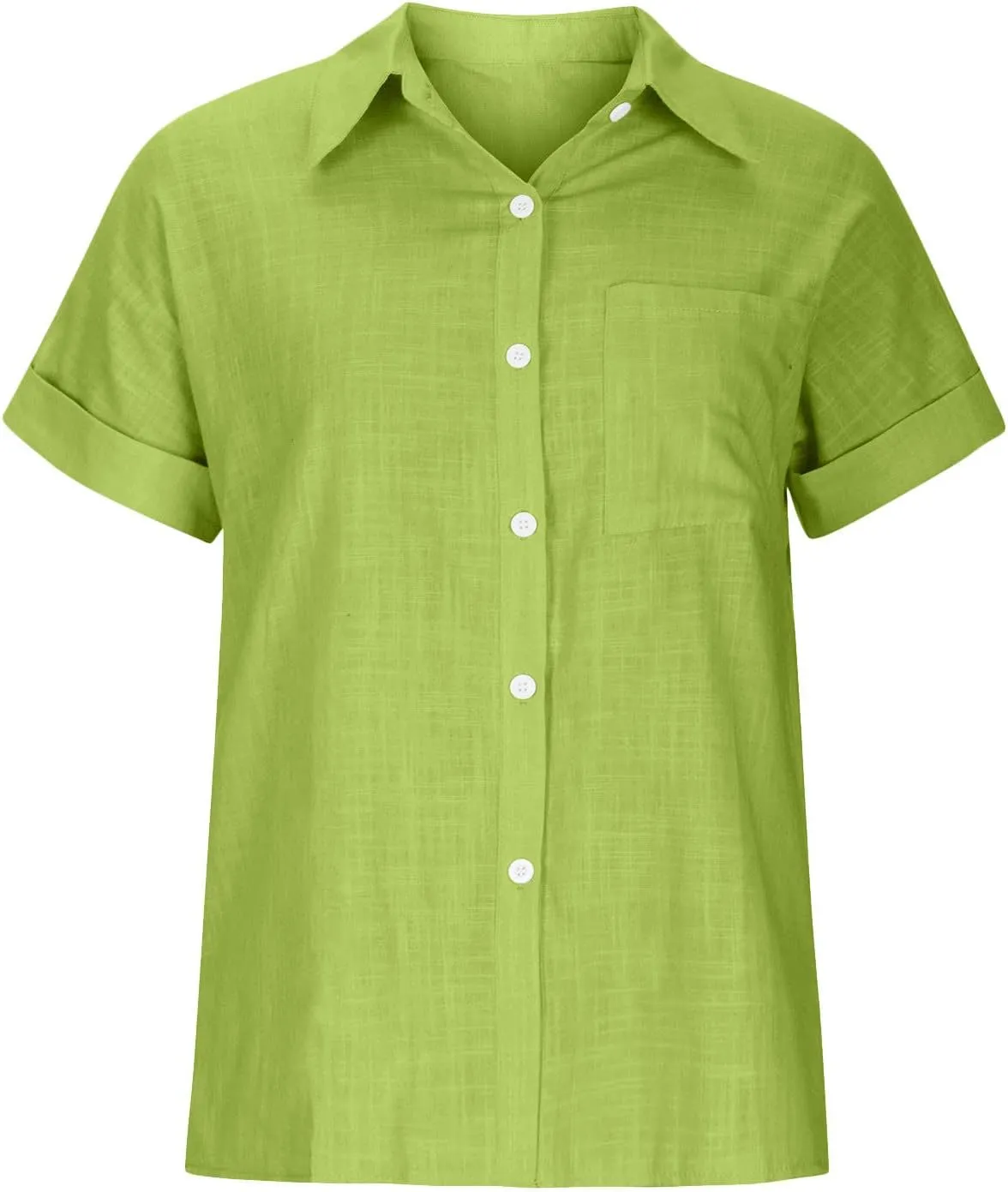 Womens Cotton Linen Button Down Shirts Summer Short Sleeve Blouses V Neck Collared Beach Casual Tops with Pocket