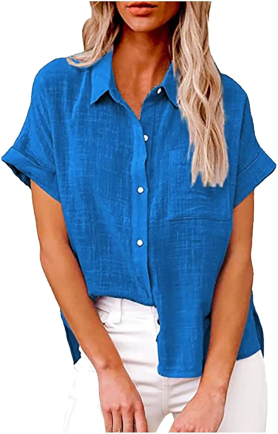 Womens Cotton Linen Button Down Shirts Summer Short Sleeve Blouses V Neck Collared Beach Casual Tops with Pocket