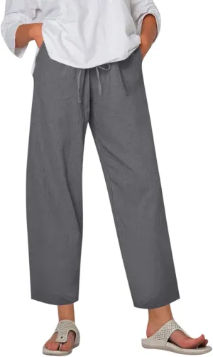 Women's Cotton Linen Pants Summer Wide Leg Casual Loose Drawstring High Waist Palazzo Pants Trousers w Pockets