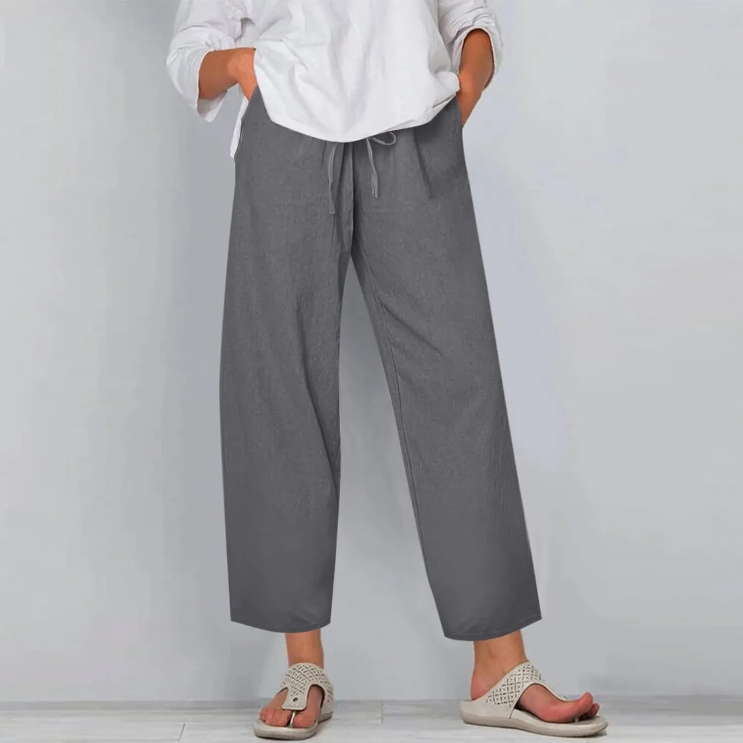 Women's Cotton Linen Pants Summer Wide Leg Casual Loose Drawstring High Waist Palazzo Pants Trousers w Pockets