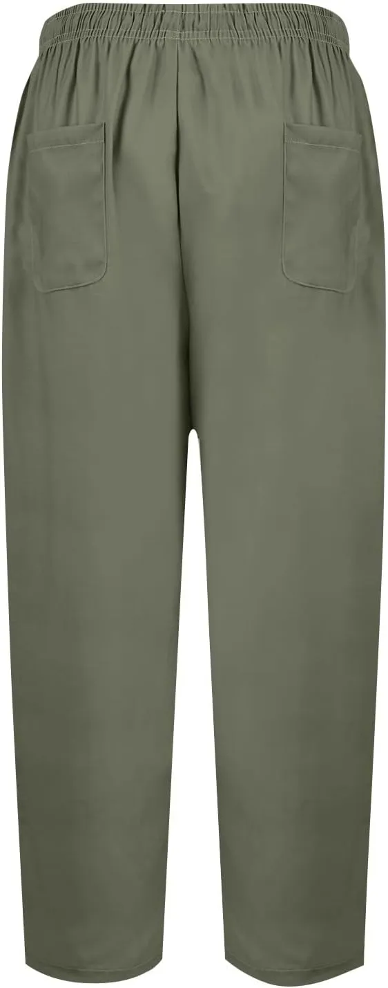 Women's Cotton Linen Pants Summer Wide Leg Casual Loose Drawstring High Waist Palazzo Pants Trousers w Pockets