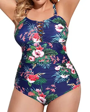 Women's Criss Cross Back Tummy Control Plus Size One Piece Swimsuit-Blue Floral