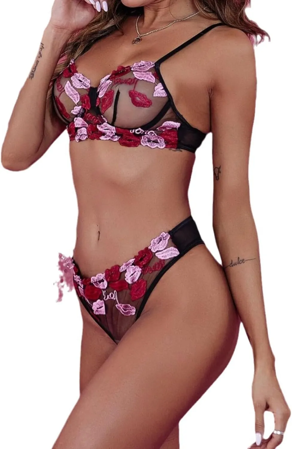 Women'S Embroidery Mesh Lingerie Set Sheer Bra And Tie Side Thong Panty Lingerie Sets