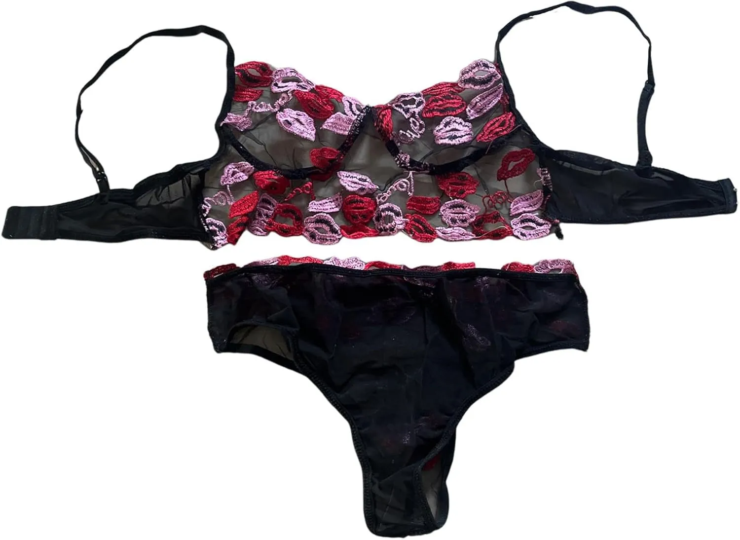Women'S Embroidery Mesh Lingerie Set Sheer Bra And Tie Side Thong Panty Lingerie Sets