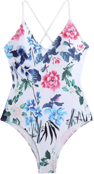 Women's Floral Printed One Piece Swimsuits Cross Backless Sexy Deep V Neck Tummy Control Bathing Suits Swimwear