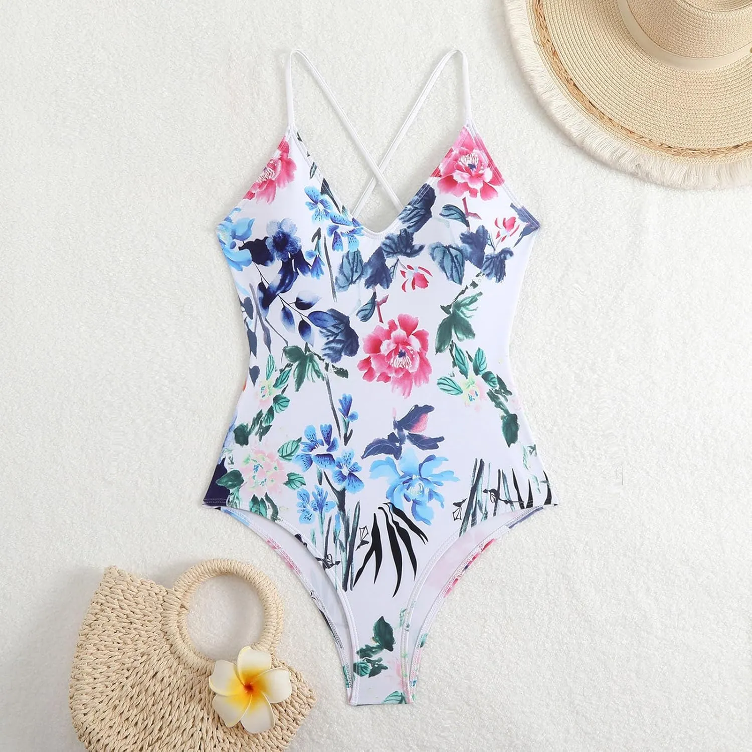 Women's Floral Printed One Piece Swimsuits Cross Backless Sexy Deep V Neck Tummy Control Bathing Suits Swimwear