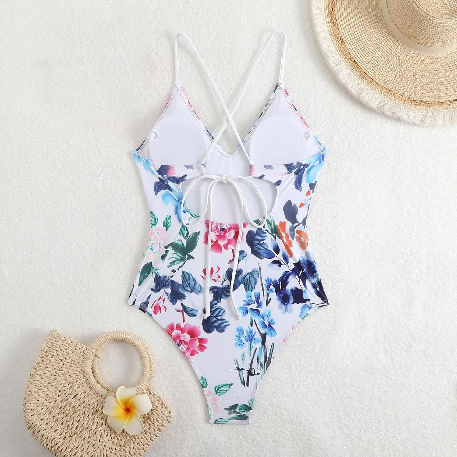 Women's Floral Printed One Piece Swimsuits Cross Backless Sexy Deep V Neck Tummy Control Bathing Suits Swimwear