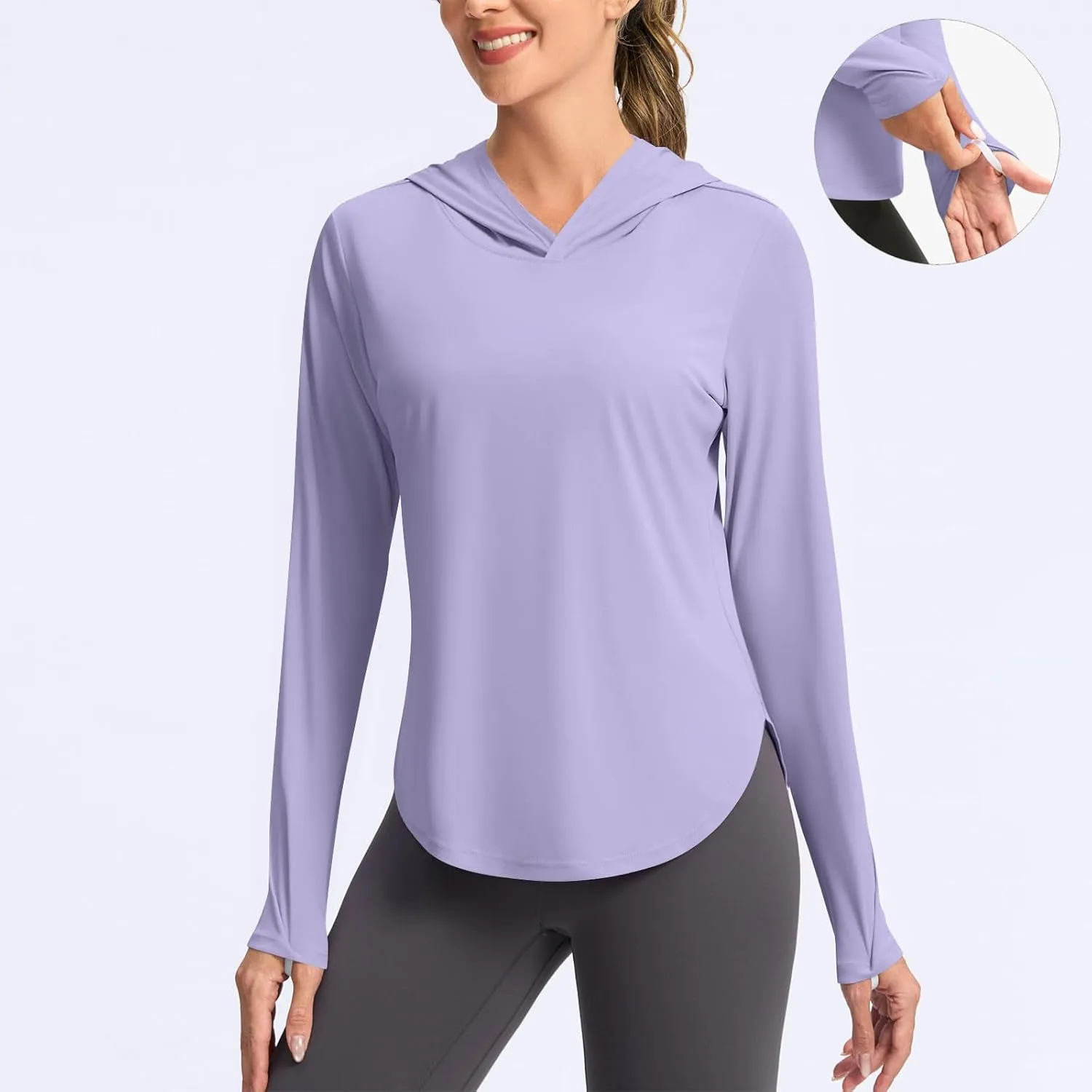 Women's Graceful Thumb Button Sunshine Protective Tops Stylish Pure Color Hooded Lightweight Outfits Outdoor Commuting