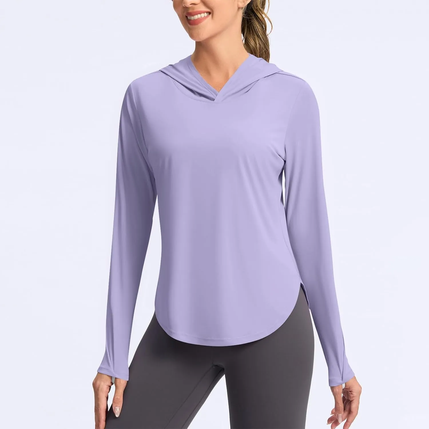 Women's Graceful Thumb Button Sunshine Protective Tops Stylish Pure Color Hooded Lightweight Outfits Outdoor Commuting