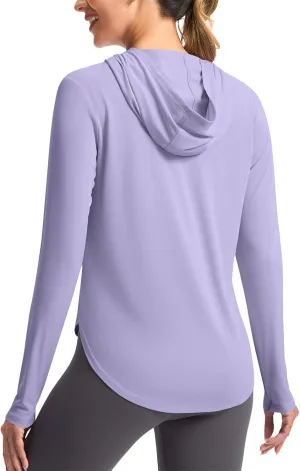 Women's Graceful Thumb Button Sunshine Protective Tops Stylish Pure Color Hooded Lightweight Outfits Outdoor Commuting