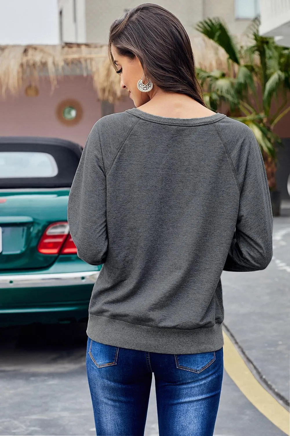 Womens Gray French Terry Cotton Blend Pullover Sweatshirt
