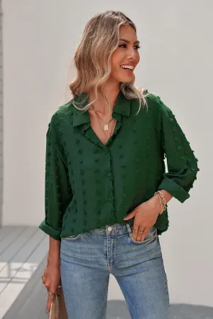 Women's Green Long Sleeve Button Fuzzy Polka Dot Work Shirt