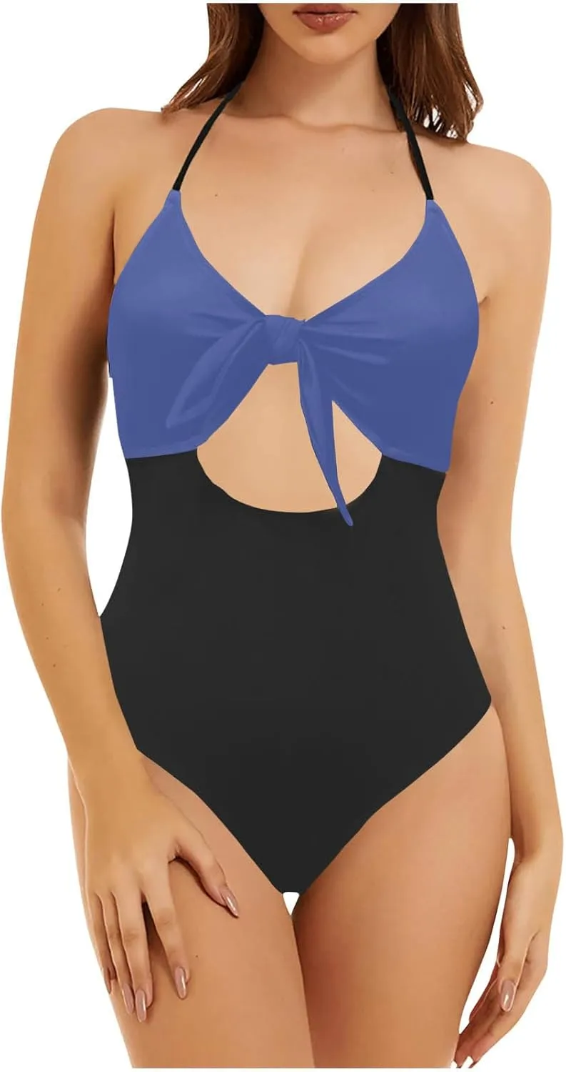 Womens Halter Cutout One Piece Swimsuit Sexy Backless Tummy Control Bathing Suits Colorblock Slimming Beach Swimwear