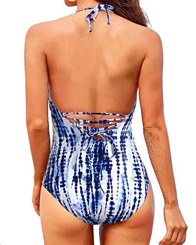 Women's Halter Neck One Piece Swimsuits For Long Torso-Blue Tie Dye
