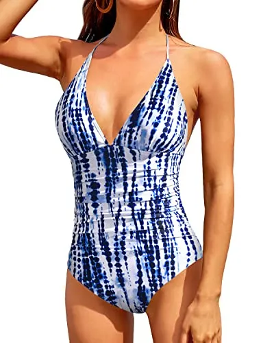 Women's Halter Neck One Piece Swimsuits For Long Torso-Blue Tie Dye
