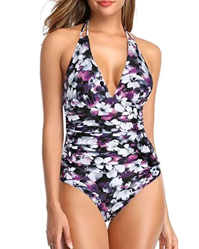 Women's Halter Neck One Piece Swimwear with Built-in Bra and Tummy Control