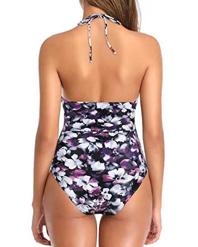 Women's Halter Neck One Piece Swimwear with Built-in Bra and Tummy Control