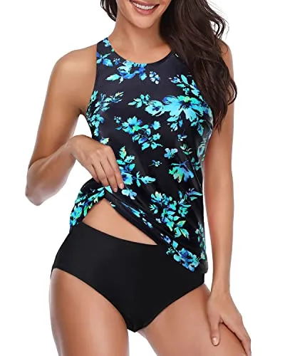 Women's High Neck 2 Piece Tankini Swimsuit-Black Blue Floral