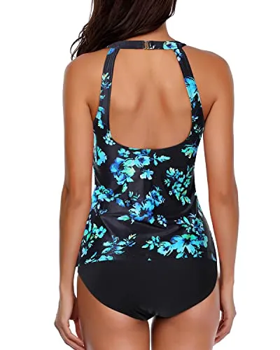 Women's High Neck 2 Piece Tankini Swimsuit-Black Blue Floral