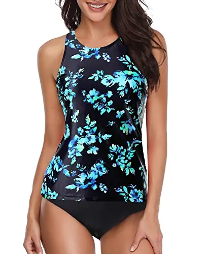 Women's High Neck 2 Piece Tankini Swimsuit-Black Blue Floral