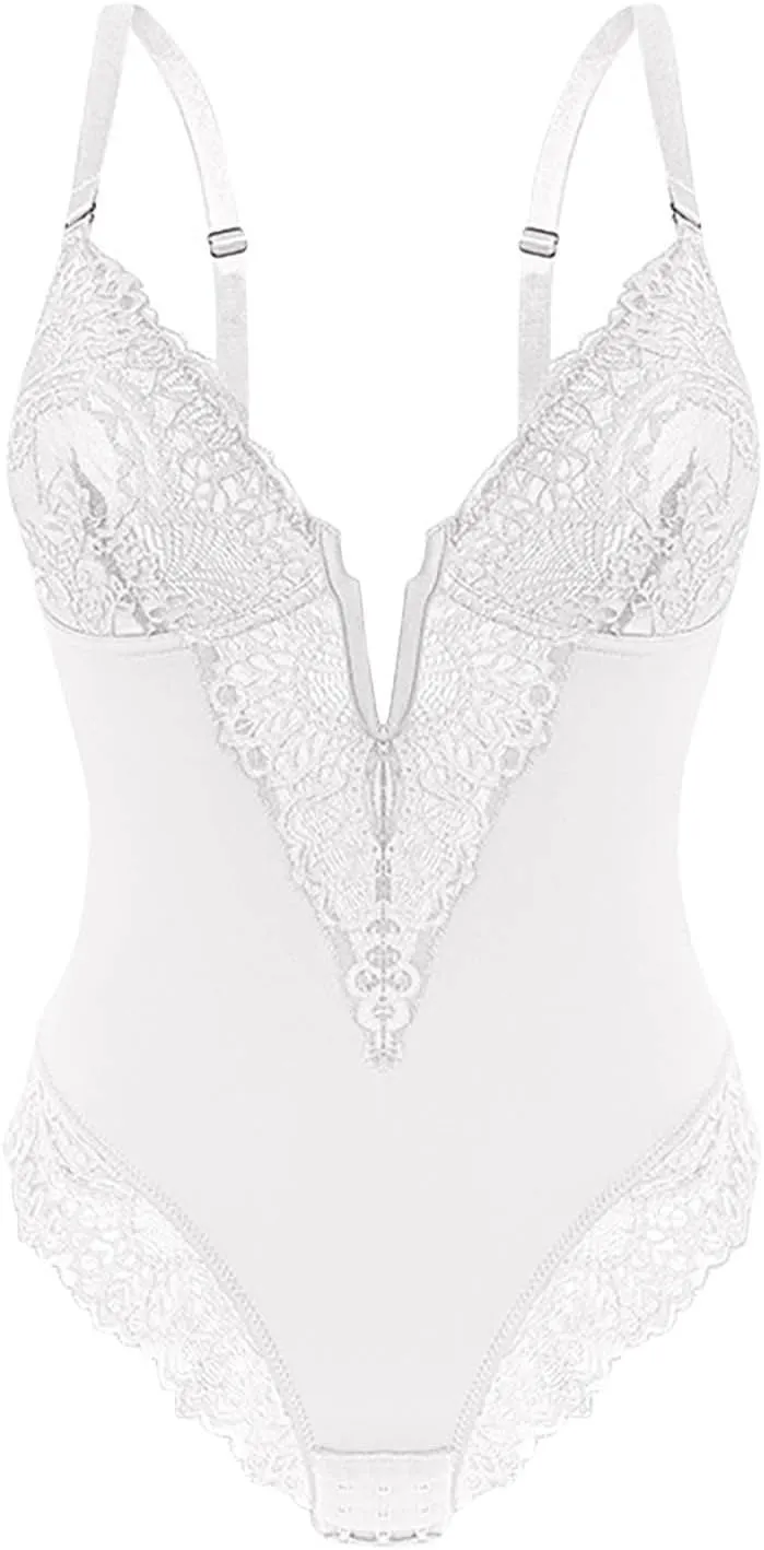 Women's Lace Bustier Cami Bodysuit Sleeveless Slim V Neck Sexy Corset Romper Push Up Butt Lifte Body Shaper Leotards