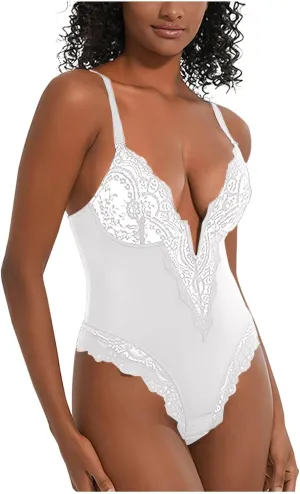 Women's Lace Bustier Cami Bodysuit Sleeveless Slim V Neck Sexy Corset Romper Push Up Butt Lifte Body Shaper Leotards