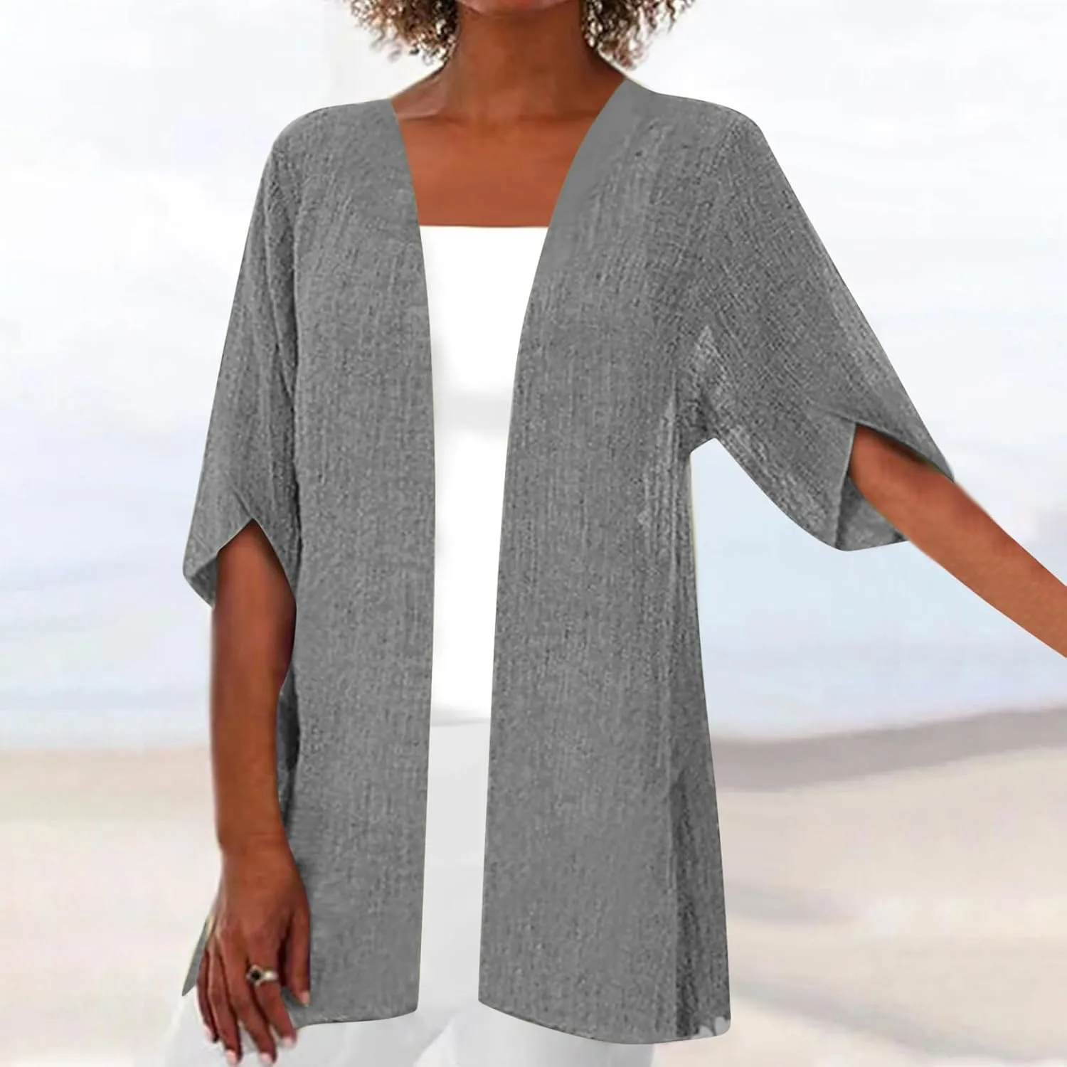 Womens Lightweight Linen Cardigan Open Front Covet Up Summer Casual Half Sleeve Plus Size Beach Sun Protection Clothes