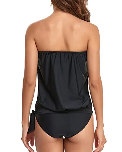 Women's Long Bandeau Tankini Bathing Suits-Black