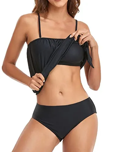 Women's Long Bandeau Tankini Bathing Suits-Black