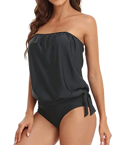 Women's Long Bandeau Tankini Bathing Suits-Black