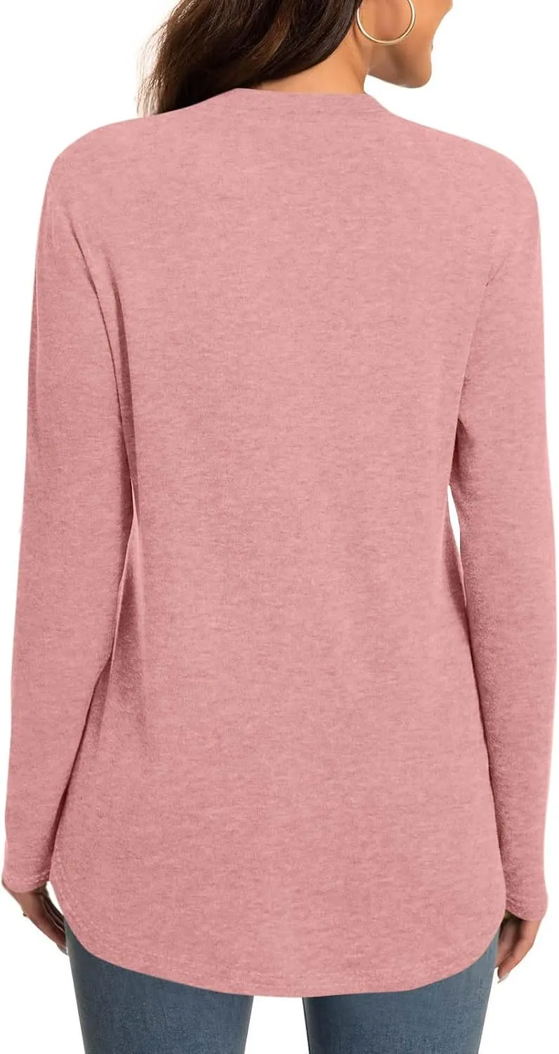 Womens Long Sleeve V Neck T-Shirts Loose Fit Casual Tops Solid Plain Basic Tee Trendy Fashion Spring Clothes Outfits