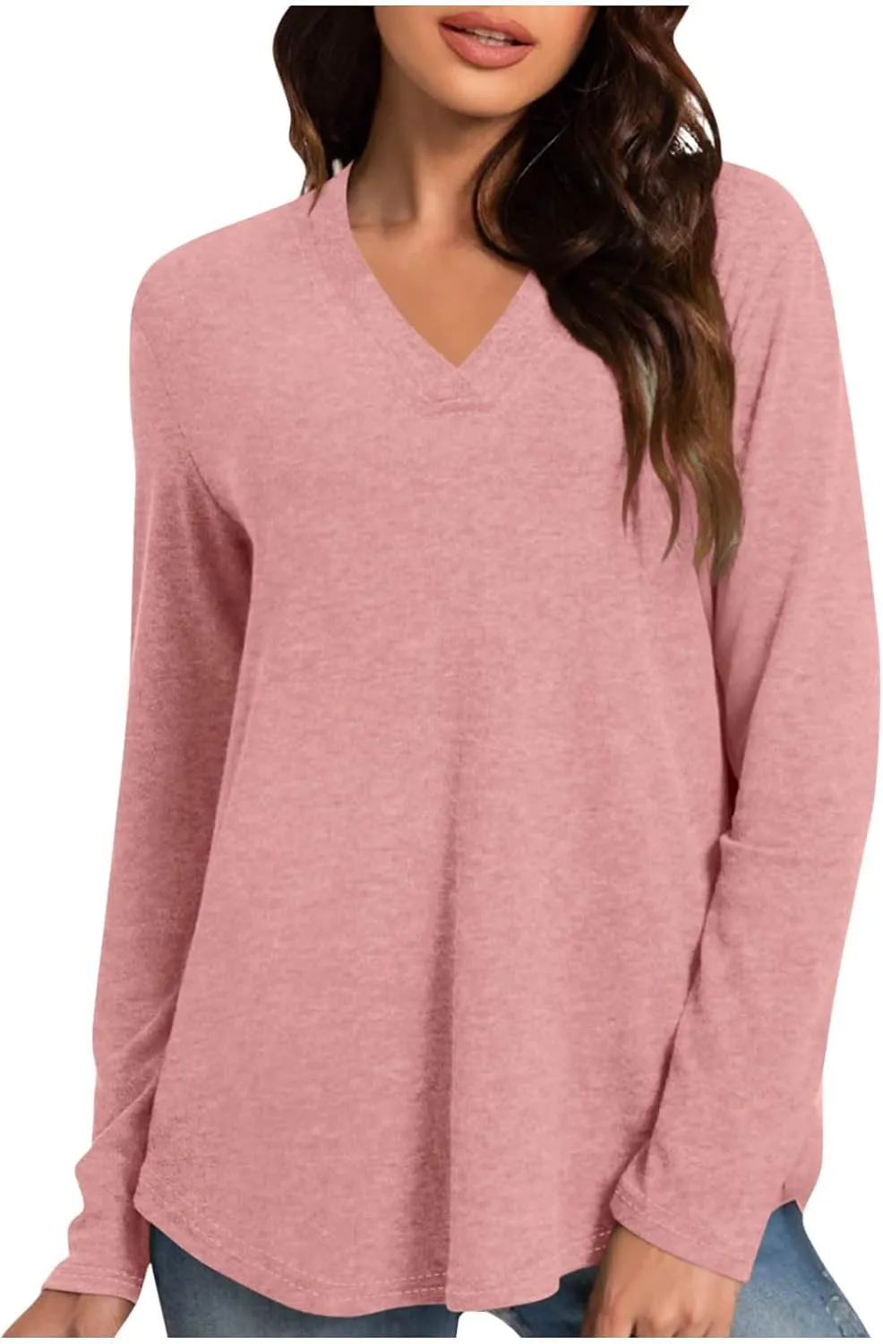 Womens Long Sleeve V Neck T-Shirts Loose Fit Casual Tops Solid Plain Basic Tee Trendy Fashion Spring Clothes Outfits
