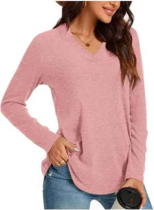 Womens Long Sleeve V Neck T-Shirts Loose Fit Casual Tops Solid Plain Basic Tee Trendy Fashion Spring Clothes Outfits