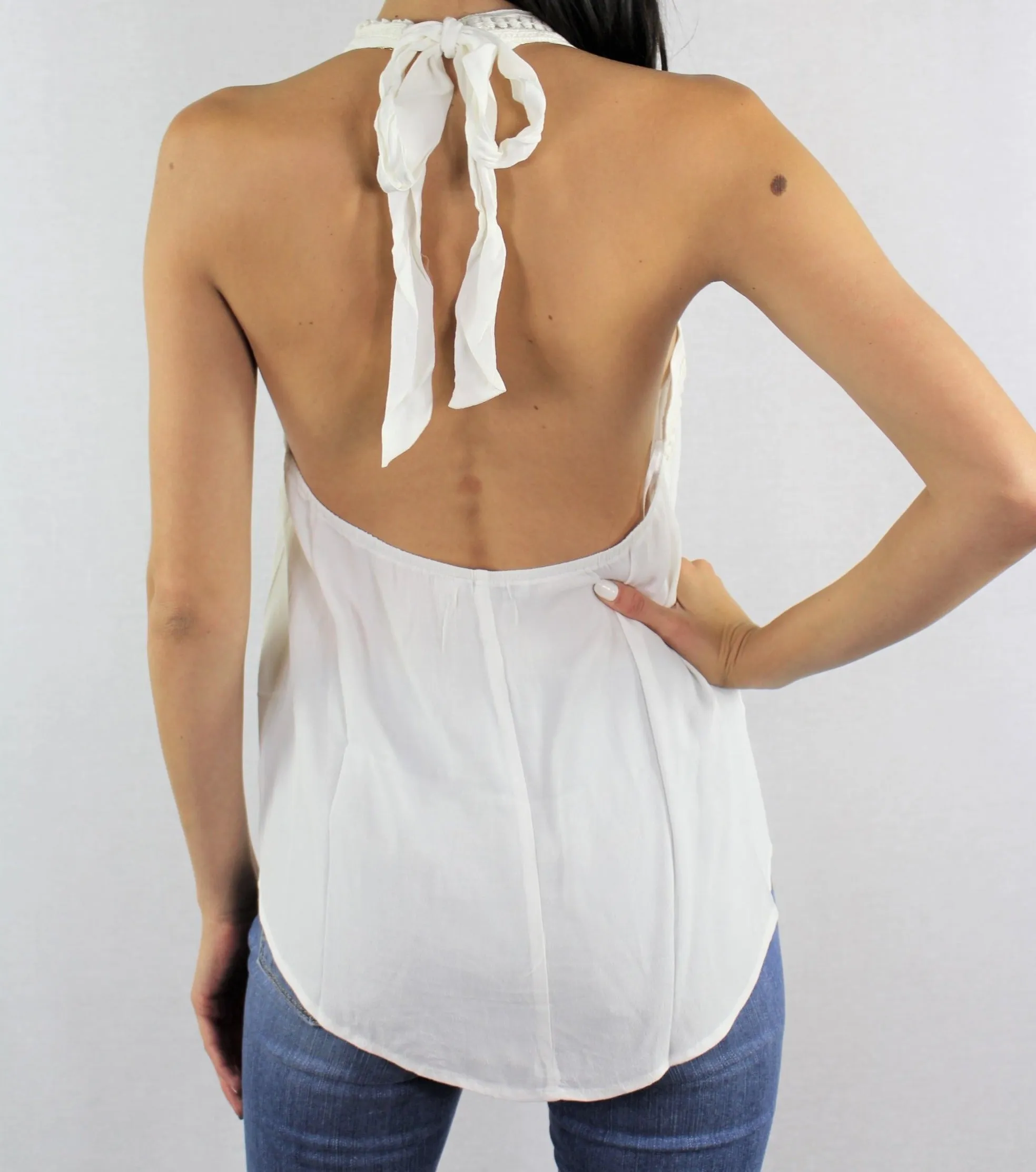 Women's Low Back Crochet Detail Ivory Halter Top