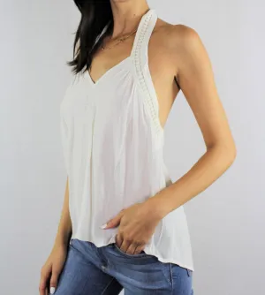 Women's Low Back Crochet Detail Ivory Halter Top