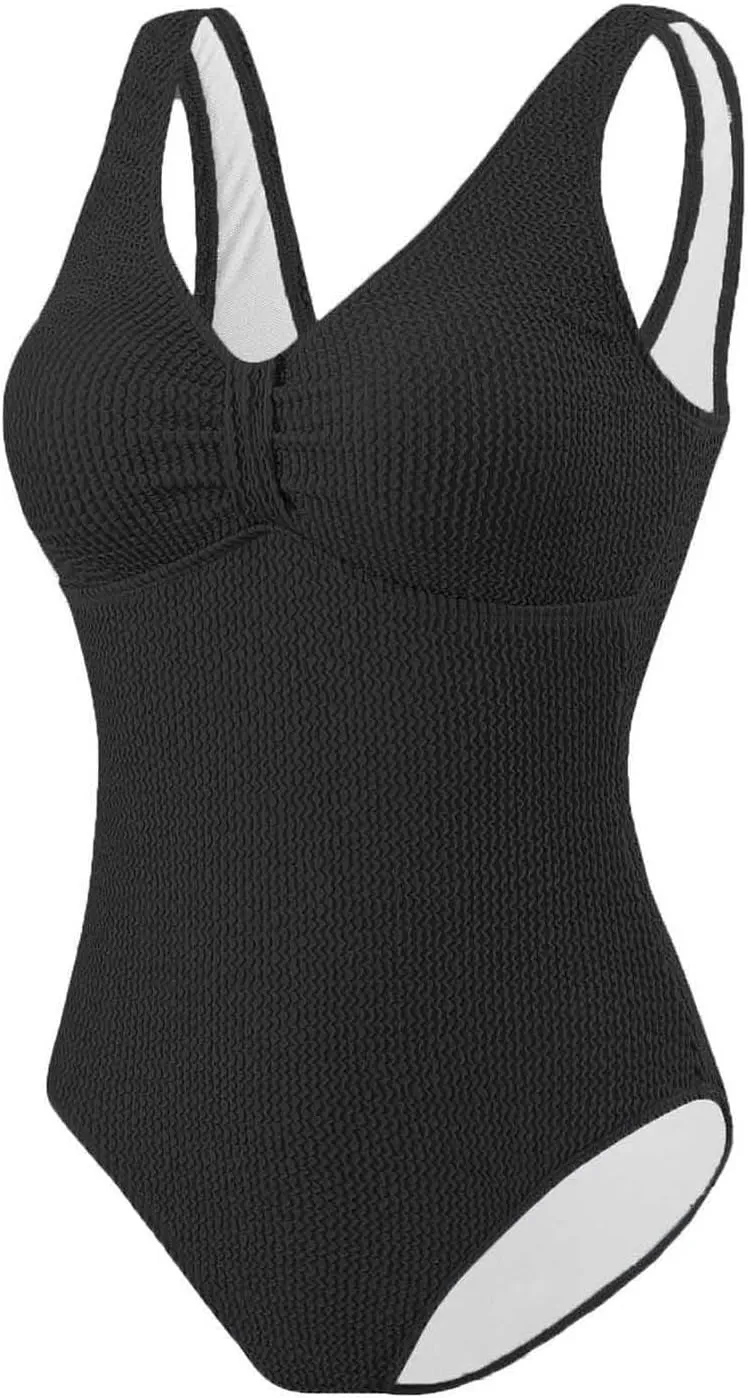 Womens Modest Swimsuits Fashion Solid V Neck Tummy Control Bathing Suits Backless Sexy Padded 2025 Summer Swimwear