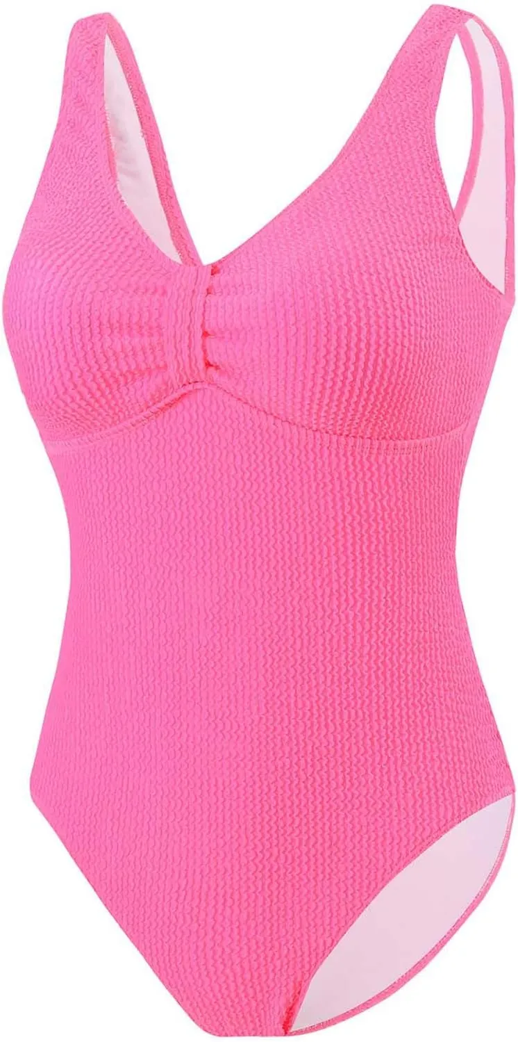 Womens Modest Swimsuits Fashion Solid V Neck Tummy Control Bathing Suits Backless Sexy Padded 2025 Summer Swimwear