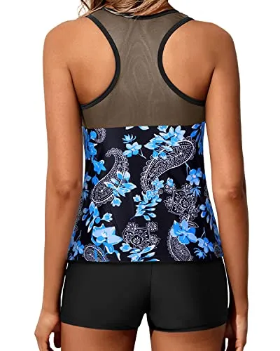 Women's Modest Two Piece Bathing Suits See-Through Mesh Top-Black Floral