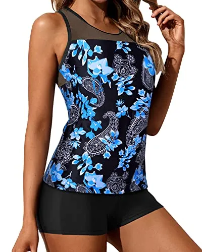 Women's Modest Two Piece Bathing Suits See-Through Mesh Top-Black Floral