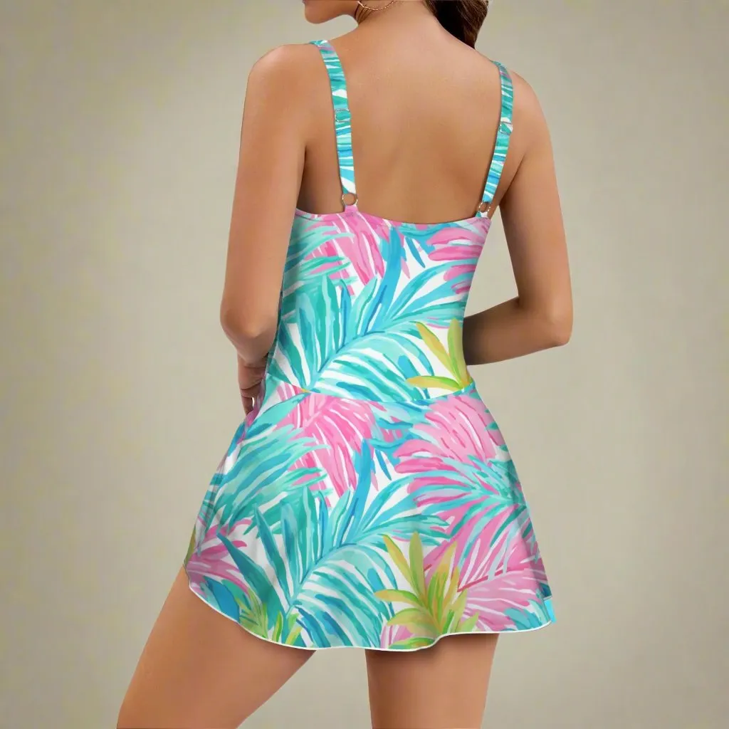 Women's One-Piece Swim Dress, Wrap Skirt - Los Cabos Tropical Floral